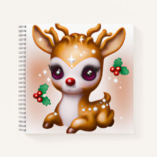 Cute Kawaii Reindeer with Holly and Glitter Notebook