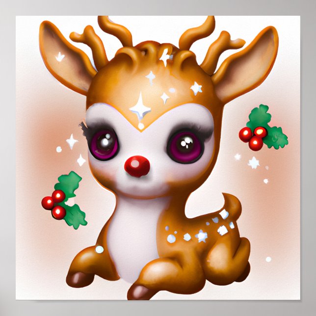 Cute Kawaii Reindeer with Holly and Glitter Poster (Front)