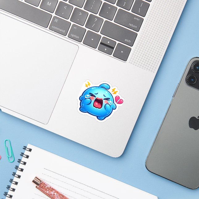Cute Kawaii Sad Blue Slime Crying with Broken Hear (Laptop w/ iPhone)