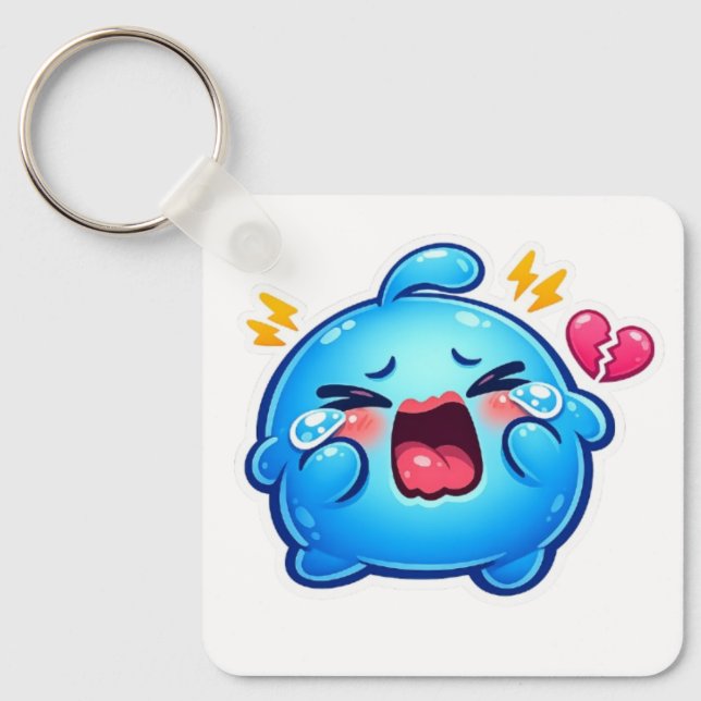Cute Kawaii Sad Blue Slime Crying with Broken Hear Key Ring (Front)