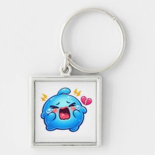 Cute Kawaii Sad Blue Slime Crying with BrokSticker Key Ring