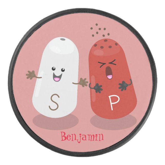 Cute kawaii salt and pepper shakers cartoon hockey puck (Front)