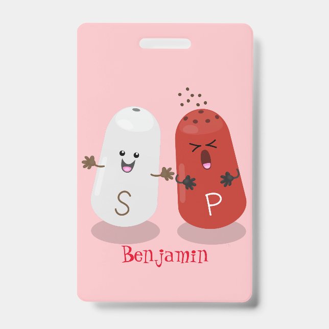 Cute kawaii salt and pepper shakers cartoon ID badge (Front)