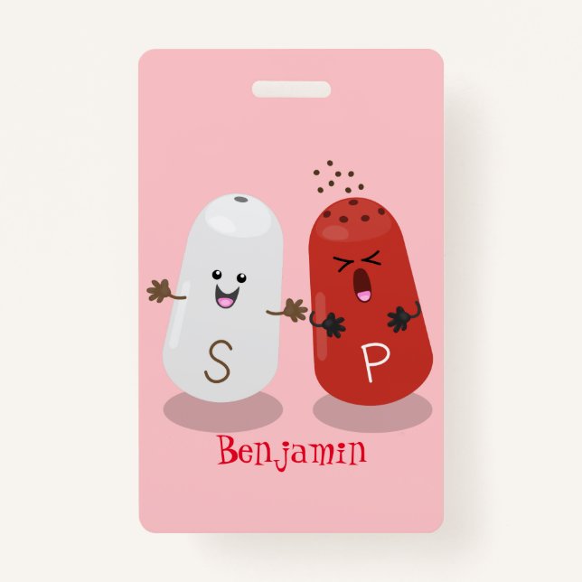 Cute kawaii salt and pepper shakers cartoon ID badge (Back)