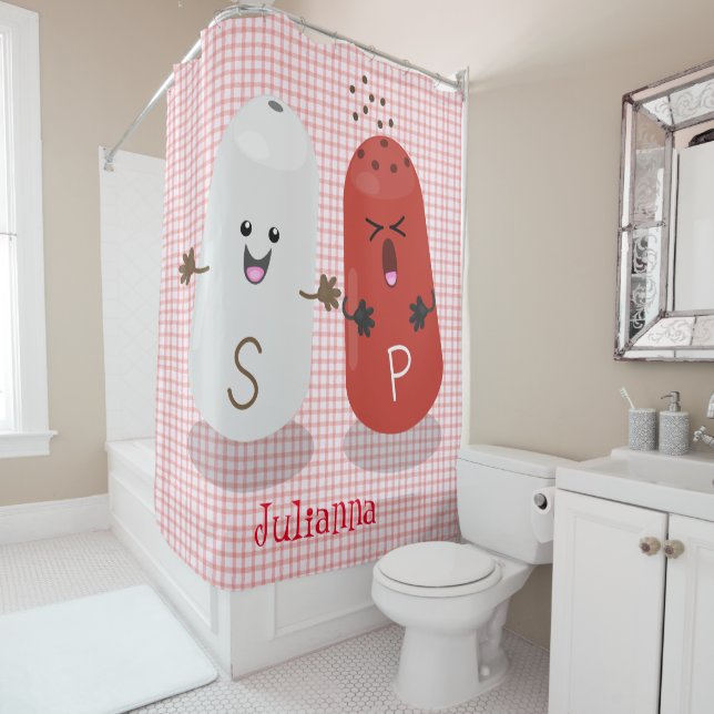 Cute kawaii salt and pepper shakers cartoon shower curtain (In Situ)