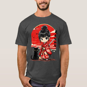 Cute Kawaii Samurai Girl and Cat Japanese Anime Gi T-Shirt