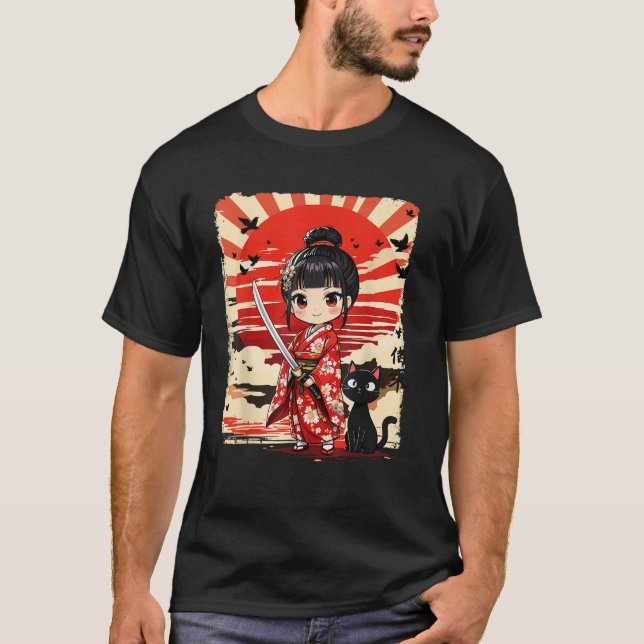 Cute Kawaii Samurai Girl and Cat Japanese Anime Ki T-Shirt (Front)