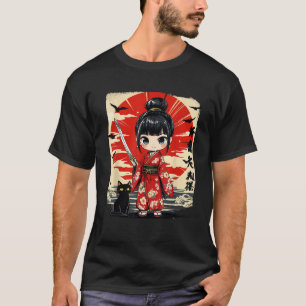 Cute Kawaii Samurai Girl and Cat Japanese Anime Ki T-Shirt