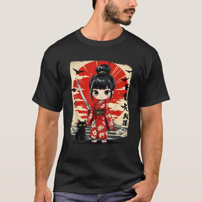 Cute Kawaii Samurai Girl and Cat Japanese Anime Ki T-Shirt (Front)