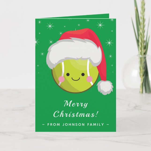 Cute Kawaii Santa Tennis Ball Christmas Sparkle Card (Front)