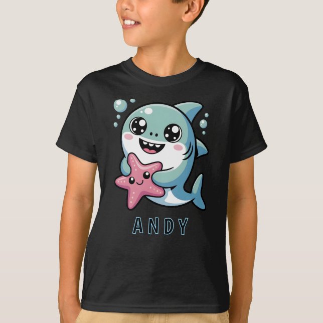 Cute Kawaii Shark and Starfish Ocean Friends T-Shirt (Front)
