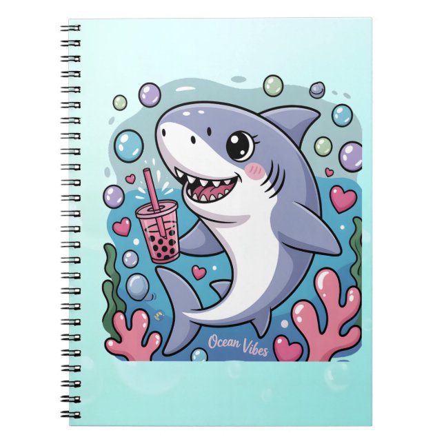 Cute Kawaii Shark Boba Tea Blue And Pink Notebook (Front)
