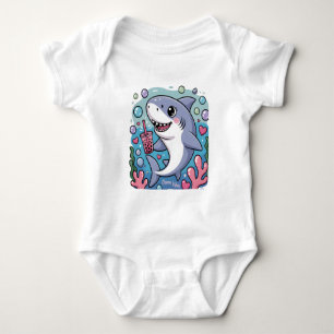 Cute Kawaii Shark Drinking Boba Tea Ocean Vibes Baby Bodysuit