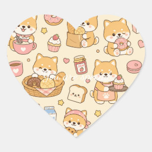 Cute Kawaii Shiba Bakery Pattern Cozy Breakfast Heart Sticker