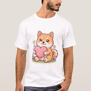 Cute Kawaii Shiba Inu Dog Holding Heart T-Shirt