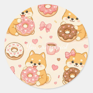 Cute Kawaii Shiba Inu Donut Pattern Classic Round Sticker