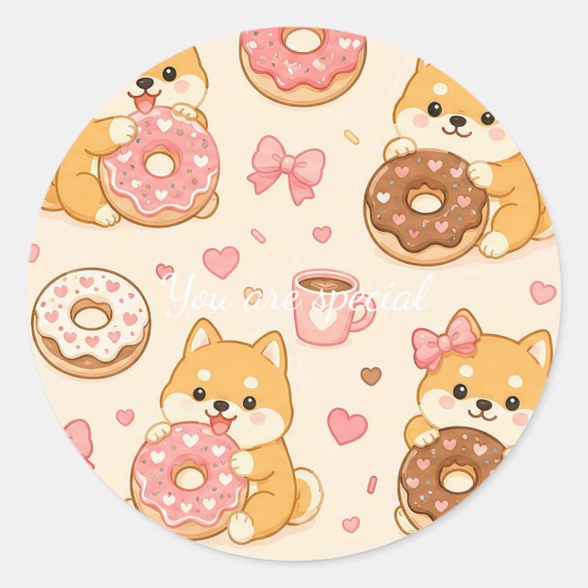 Cute Kawaii Shiba Inu Donut Pattern Classic Round Sticker (Front)