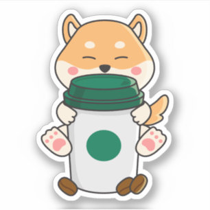 Cute kawaii shiba inu hugging a hot coffee
