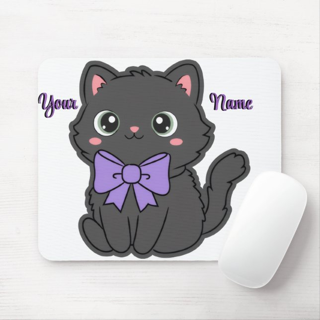 Cute Kawaii Sitting Black Cat Purple Bow Custom  Mouse Mat (With Mouse)