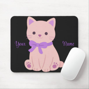 Cute Kawaii Sitting Cat Purple Bow Custom Mousepad