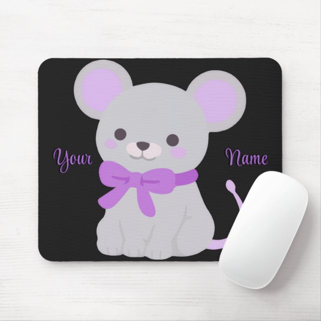 Cute Kawaii Sitting Mouse Purple Bow Custom Mouse Mat (With Mouse)