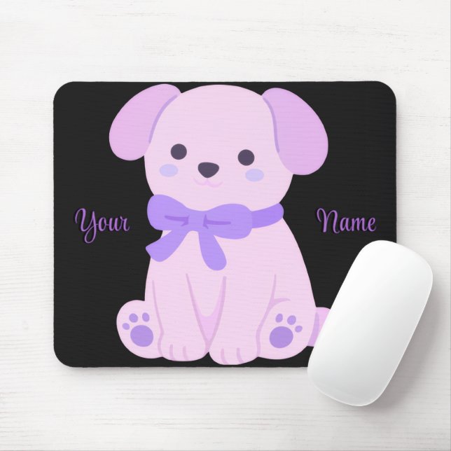 Cute Kawaii Sitting Puppy Purple Bow Custom Mouse Mat (With Mouse)