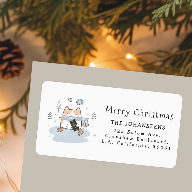 Cute Kawaii Skating Cat Christmas Return Address Label (Creator Uploaded)