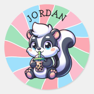 Cute Kawaii Skunk with Bubble Tea Personalised Classic Round Sticker