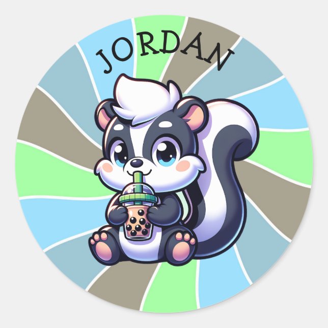 Cute Kawaii Skunk with Bubble Tea Personalised  Classic Round Sticker (Front)