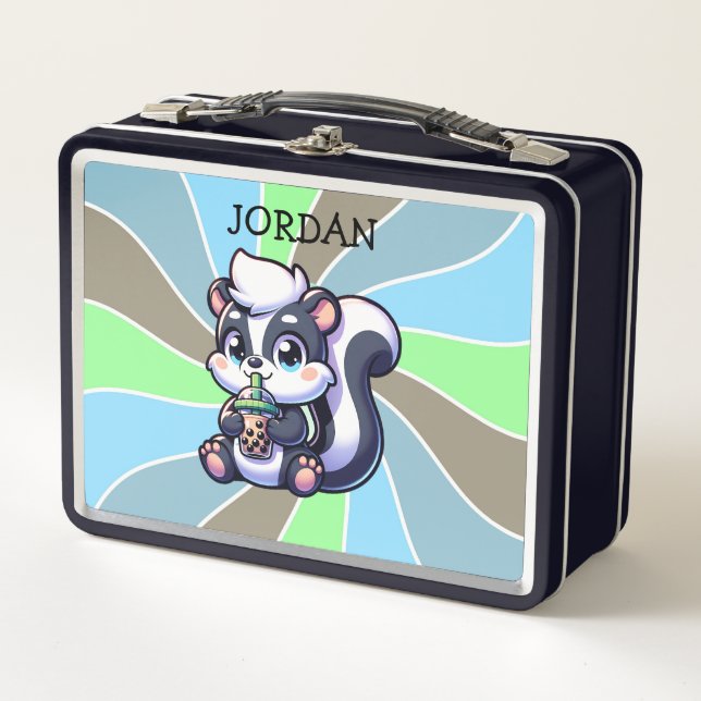 Cute Kawaii Skunk with Bubble Tea Personalised Metal Lunch Box (Front)