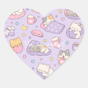 Cute Kawaii Sleepy Cat Pattern Purple Pastel Heart Sticker