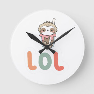 Cute Kawaii Sloth Bubble Tea LOL Round Clock