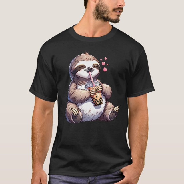 Cute Kawaii Sloth Drink Bubble Tea Milk Tea Lover T-Shirt (Front)