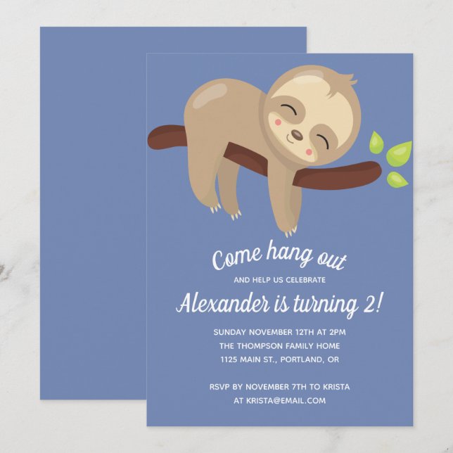 Cute Kawaii Sloth on Tree Illustration Blue Boy Invitation (Front/Back)