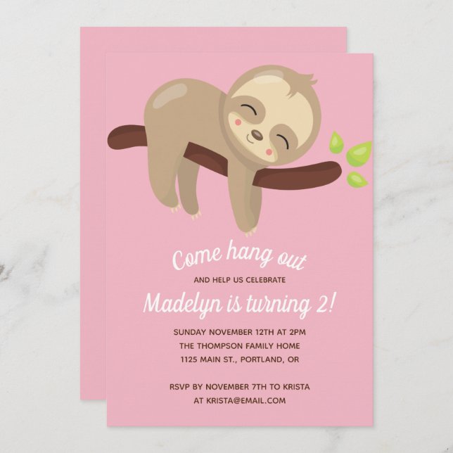 Cute Kawaii Sloth on Tree Pink Girl Invitation (Front/Back)