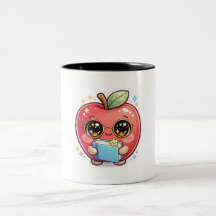 Cute Kawaii Smart Apple with Glasses Holding Book Two-Tone Coffee Mug