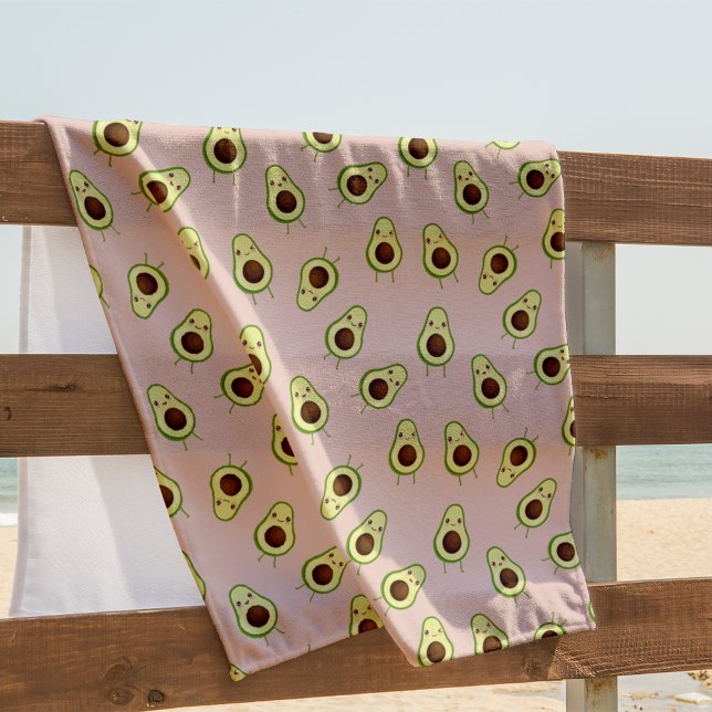 Cute Kawaii Smiling Avocado Pattern Beach Towel (Creator Uploaded)