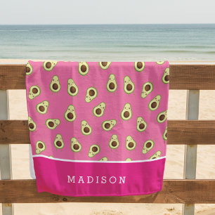 Cute Kawaii Smiling Avocado Pattern Personalised Beach Towel