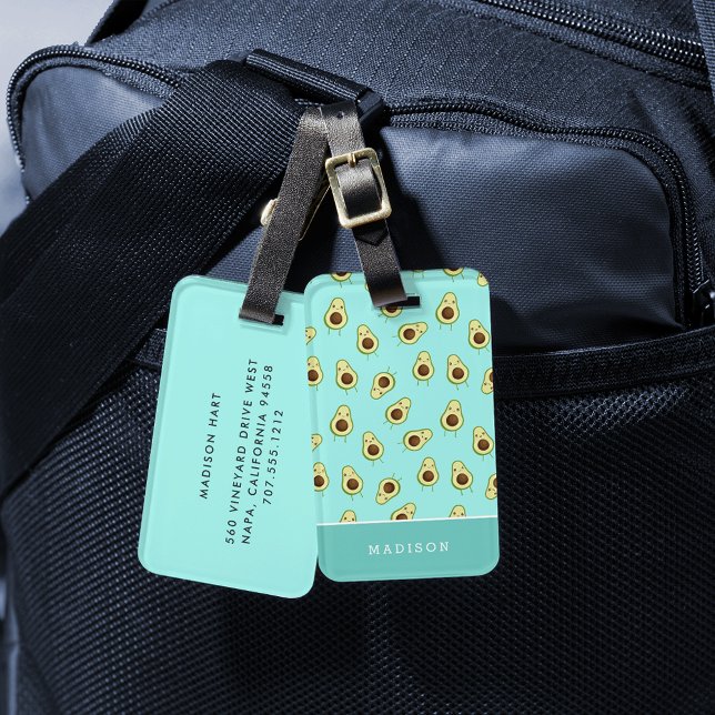 Cute Kawaii Smiling Avocado Pattern Personalised Luggage Tag (Creator Uploaded)