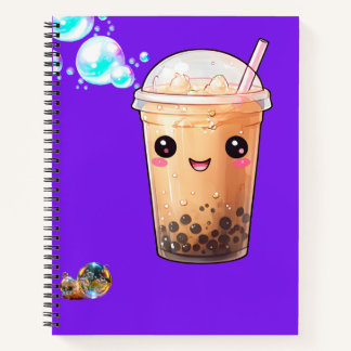 Cute Kawaii Smiling Boba Tea on Purple Notebook
