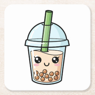 Cute Kawaii Smiling Boba Tea Square Paper Coaster