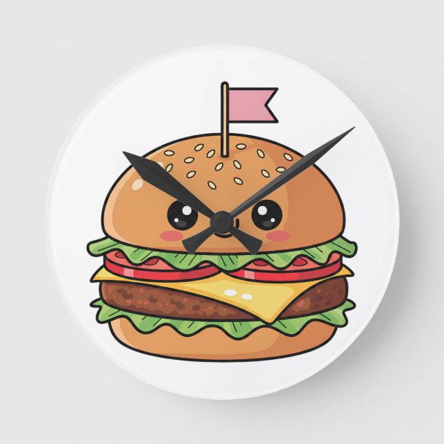 Cute Kawaii Smiling Cheeseburger Illustration Round Clock (Front)