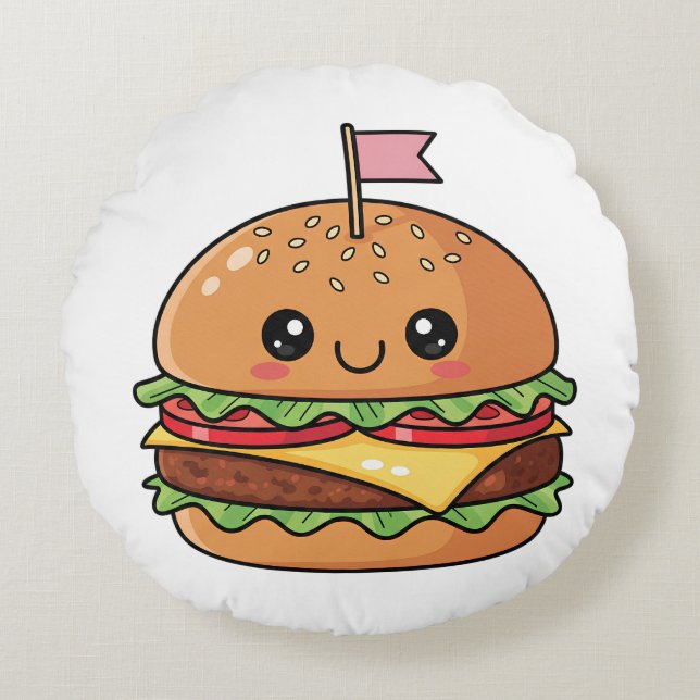 Cute Kawaii Smiling Cheeseburger Illustration Round Cushion (Front)