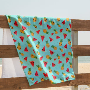 Cute Kawaii Smiling Pineapple & Watermelon Pattern Beach Towel