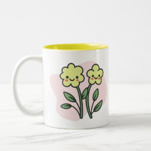 Cute Kawaii Smiling Yellow Flowers Pastel Pink Two-Tone Coffee Mug
