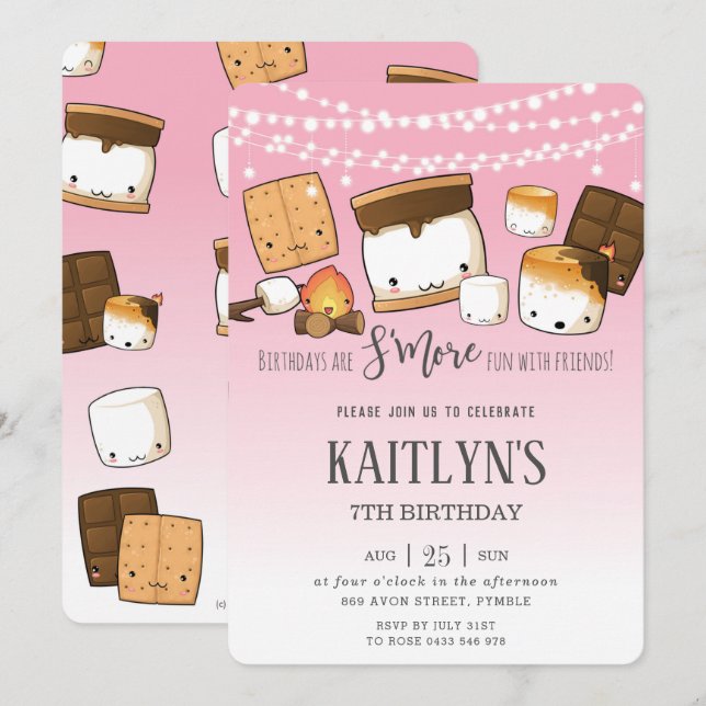 Cute Kawaii S'mores Camping Bonfire Birthday Party Invitation (Front/Back)