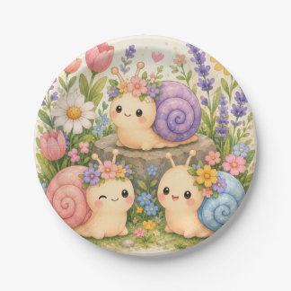 Cute kawaii snails with flowers paper plate