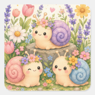 Cute kawaii snails with flowers square sticker