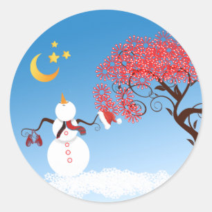 Cute Kawaii Snowman with CandyCane Tree Classic Round Sticker