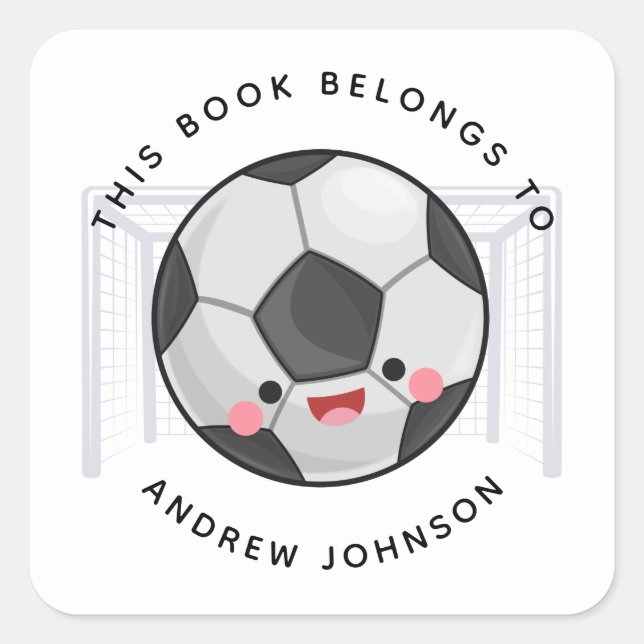 Cute Kawaii Soccer Ball Goal Kids Name Bookplate Square Sticker (Front)